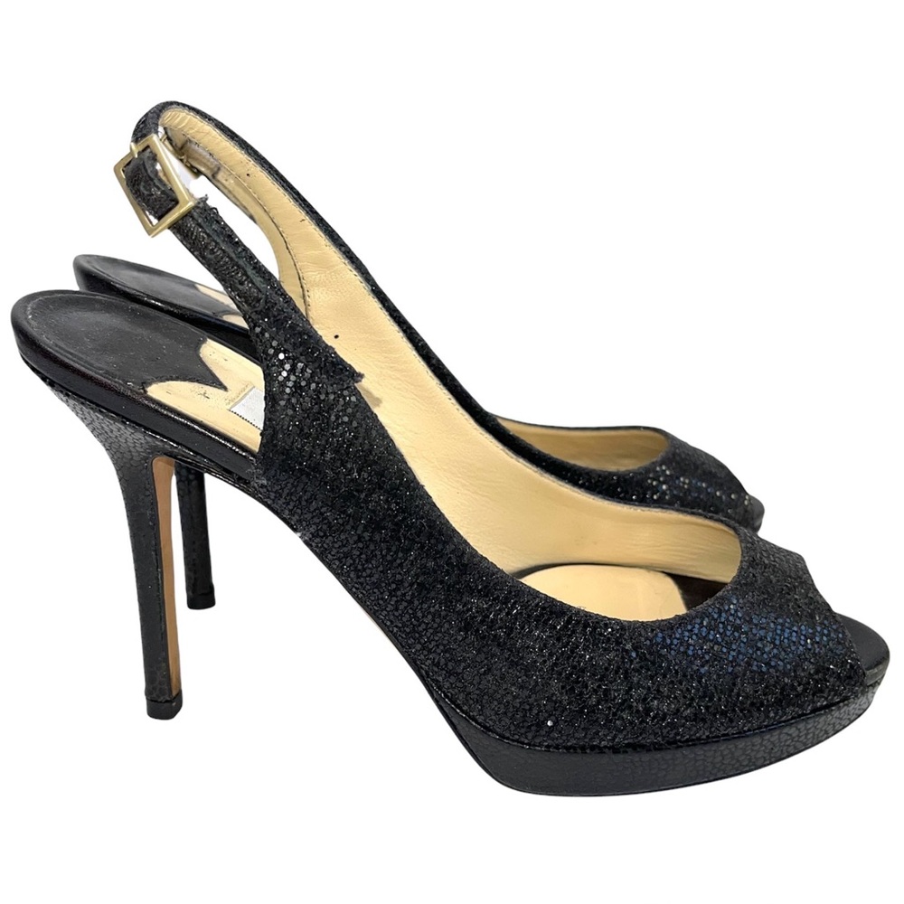 JIMMY CHOO Nova Black Shimmer Peep Toe Slingback Heels Pumps Size 36